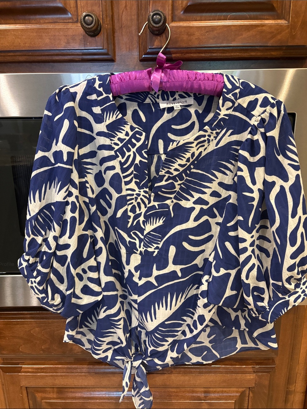 Rose & Olive Navy and Cream Tropical Print Tie-Hem Blouse